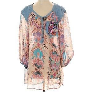 Aratta Silent Journey Women Size Medium  Mixed Media Multicolor Shirt Jean Sheer